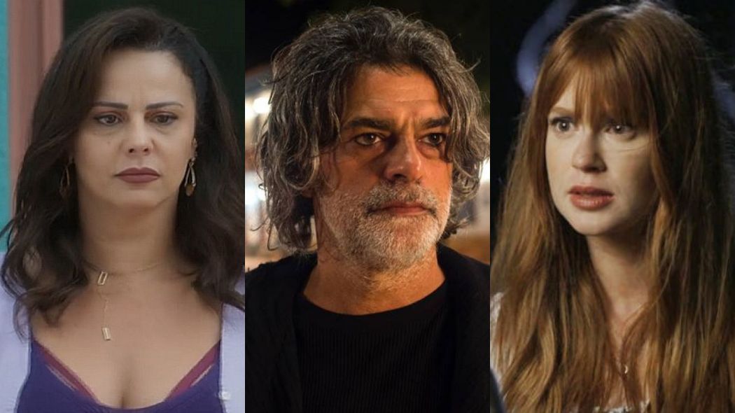 Neide (Viviane Araujo), Leon (Eduardo Moscovis) e Luz (Marina Ruy Barbosa) de O Setimo Guardiao