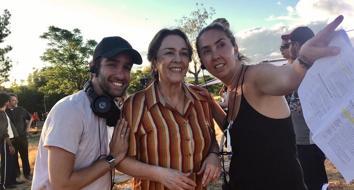 Atriz Nivea Maria e os diretores Henrique Paladino e Veronica Ruiz, de A Dona do Pedação