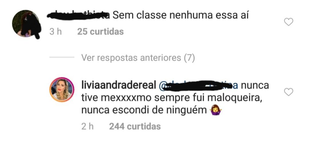 Livia Andrade rebateu internauta
