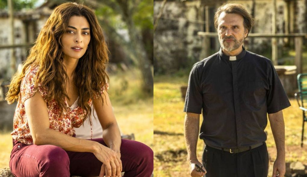 Maria da Paz (Juliana Paes) e padre (Fernando Eiras) de A Dona do Pedaco