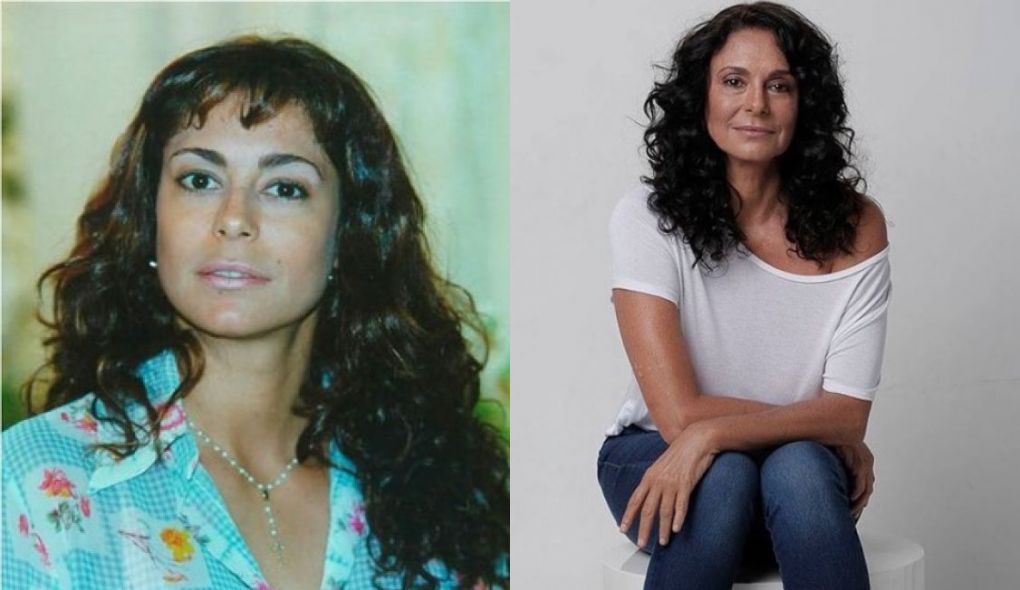 Giovanna Gold como a Kátia de Por Amor e numa foto atual