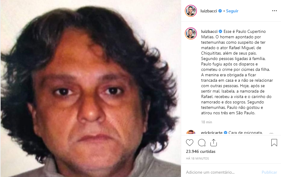 Imagem do suposto assassino do ator Rafael Miguel