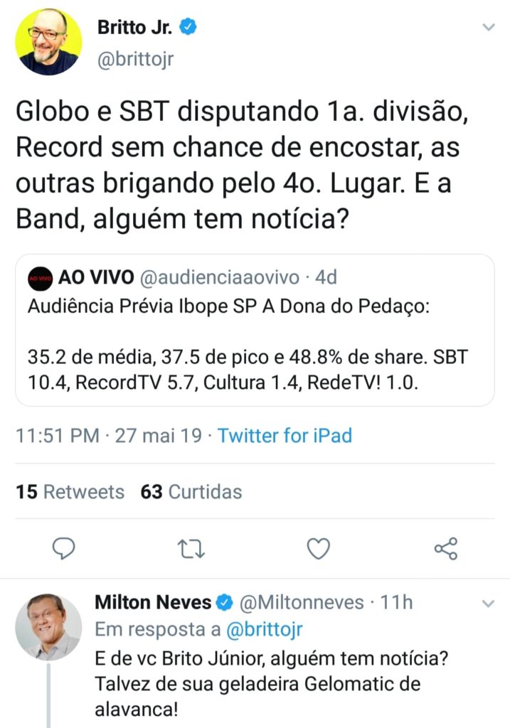 Milton Neves rebateu comentário de Britto Jr.