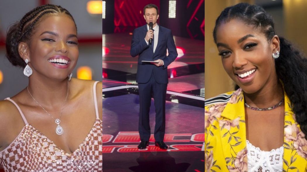 Jeniffer Nascimento, Tiago Leifert e Iza, integrantes do The Voice Brasil