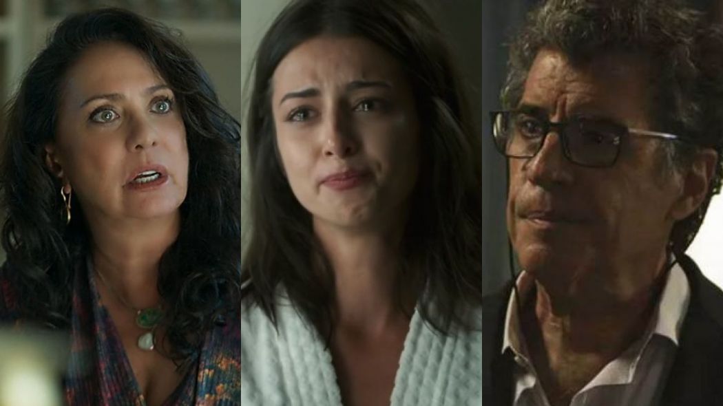 Rania (Eliane Giardini), Camila (Anaju Dorigon) e Miguel (Paulo Betti) de Órfãos da Terra