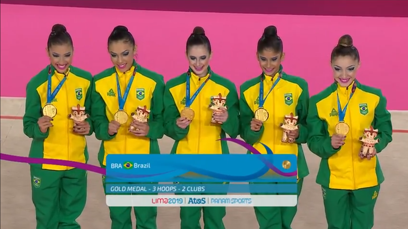 Conjunto brasileiro de ginástica rítmica recebe medalha de ouro no Pan 2019
