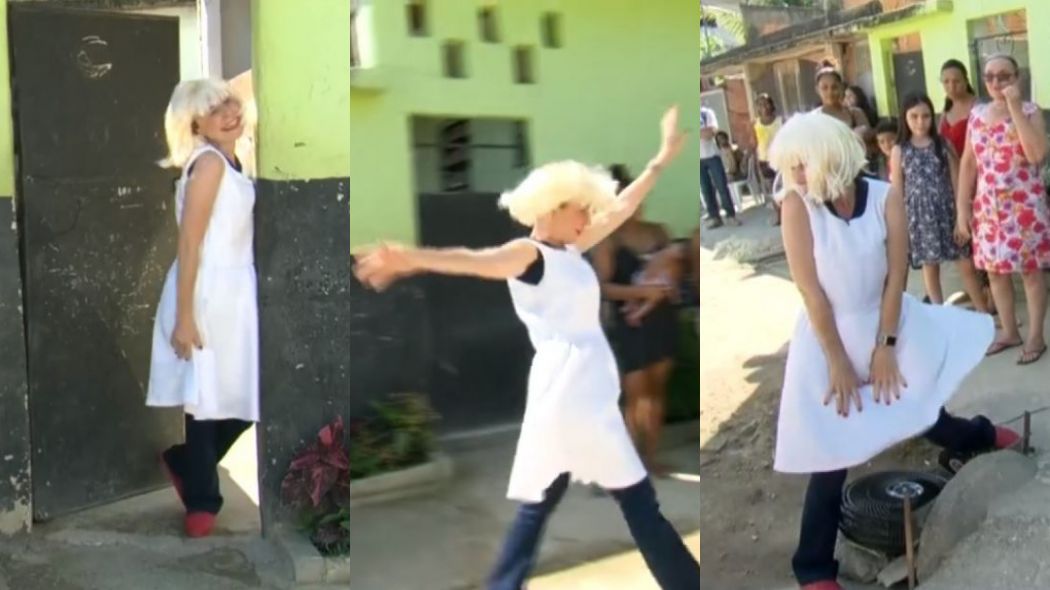 Susana Naspolini vestida de Marilyn Monroe durnte matéria do RJ1, informativo da TV Globo