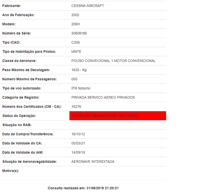 ANAC interdita aeronave que estava irregular e foi usada no Fantástico (Reprodução/ANAC)