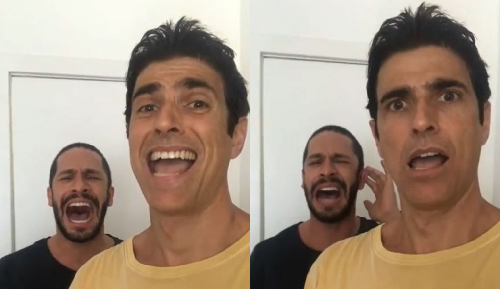 Rainer Cadete e Reynaldo Gianecchini nos bastidores de A Dona do Pedaço