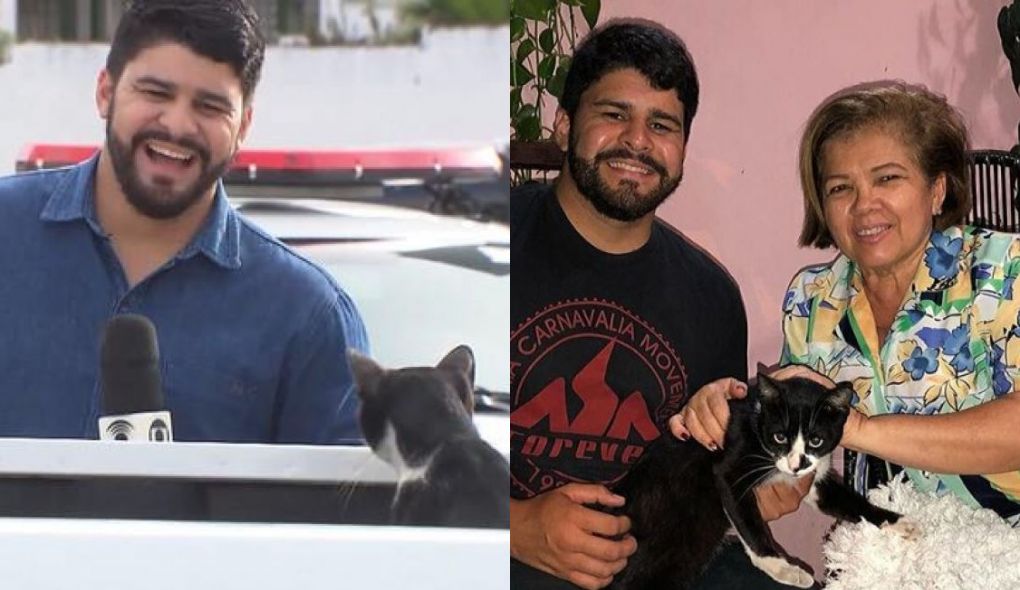 Artur Lira, repórter da TV Globo, com tia e gato que invadiu matéria
