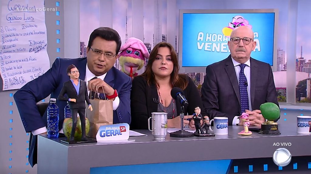 Geraldo Luis, Fabiola Reipert e Renato Lombardi no quadro A Hora da Venenosa