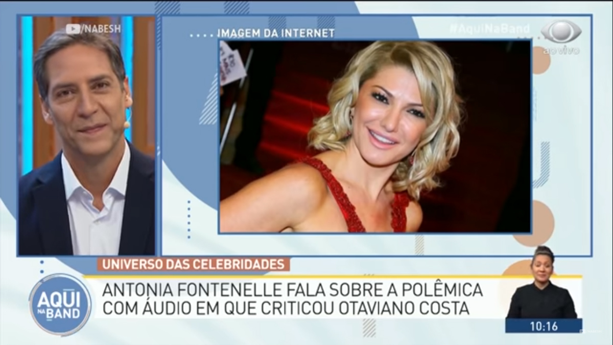 Luís Ernesto Lacombe com Antonia Fontenelle ao telefone no Aqui na Band