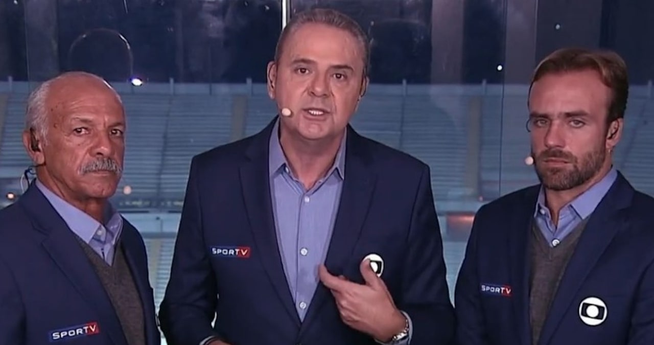 Luís Roberto, Júnior e Roger Flores: time que costuma fazer apenas jogos na TV aberta fará Flamengo x Vasco no Premiere (Reprodução/Globo)