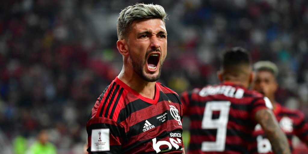 Arrascaeta comemora gol do Flamengo contra o Al-Hilal no Mundial de Clubes: Globo conseguiu maior Ibope da competição no Rio com jogo do rubro-negro (Divulgação/Getty Images)
