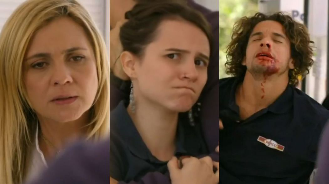 Carminha (Adriana Esteves), Betânia (Bianca Comparato) e Valdo (João Henrique Gago) de Avenida Brasil