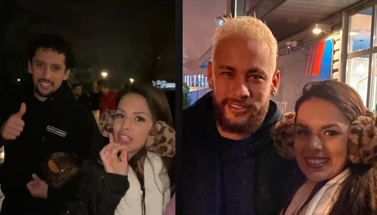 Fernanda Maia, apresentadora do SBT, com Neymar e Marquinhos: fez jogadores pedirem aumento para seu chefe (Reprodução/Instagram)