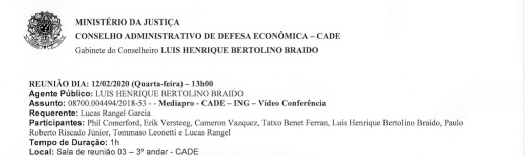 Documento do Cade prova reunião de conselheiro com empresas interessadas em comprar o Fox Sports (Reprodução)
