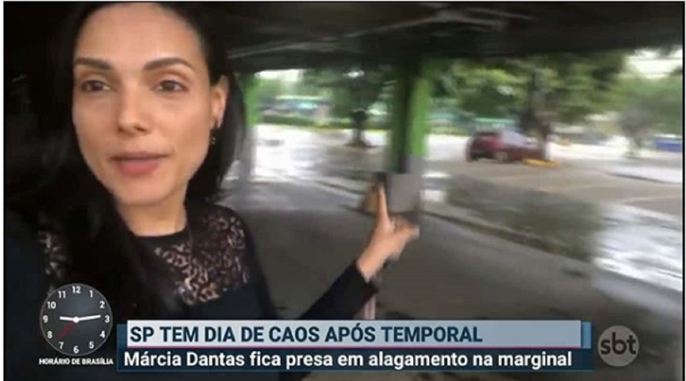 Márcia Dantas registra momento em que ficou ilhada na Marginal devido à forte chuva