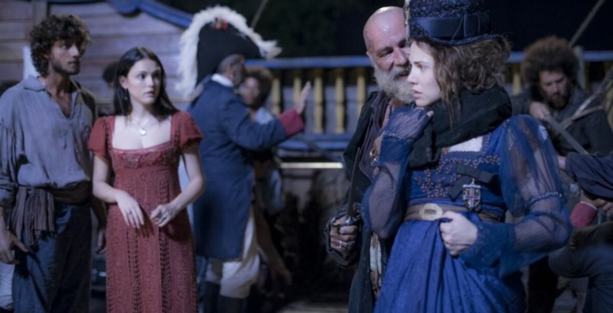 Joaquim (Chay Suede), Anna (Isabelle Drummond), Fred Sem Alma (Leopoldo Pacheco) e Leopoldina (Letícia Colin) de Novo Mundo