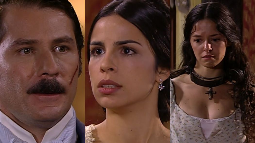 Leôncio (Leopoldo Pacheco), Malvina (Maria Ribeiro) e Isaura (Bianca Rinaldi) de A Escrava Isaura