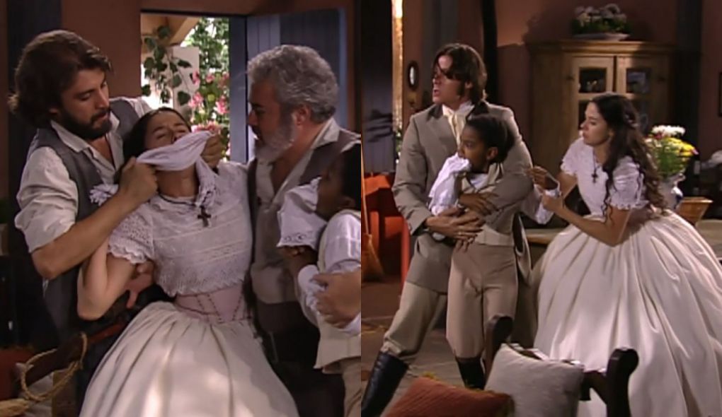 Martinho (Cláudio Curi), Raimundo (Romulo Delduque), Isaura (Bianca Rinaldi), Pedrinho (Mateus Palota) e Álvaro (Theo Becker) de A Escrava Isaura