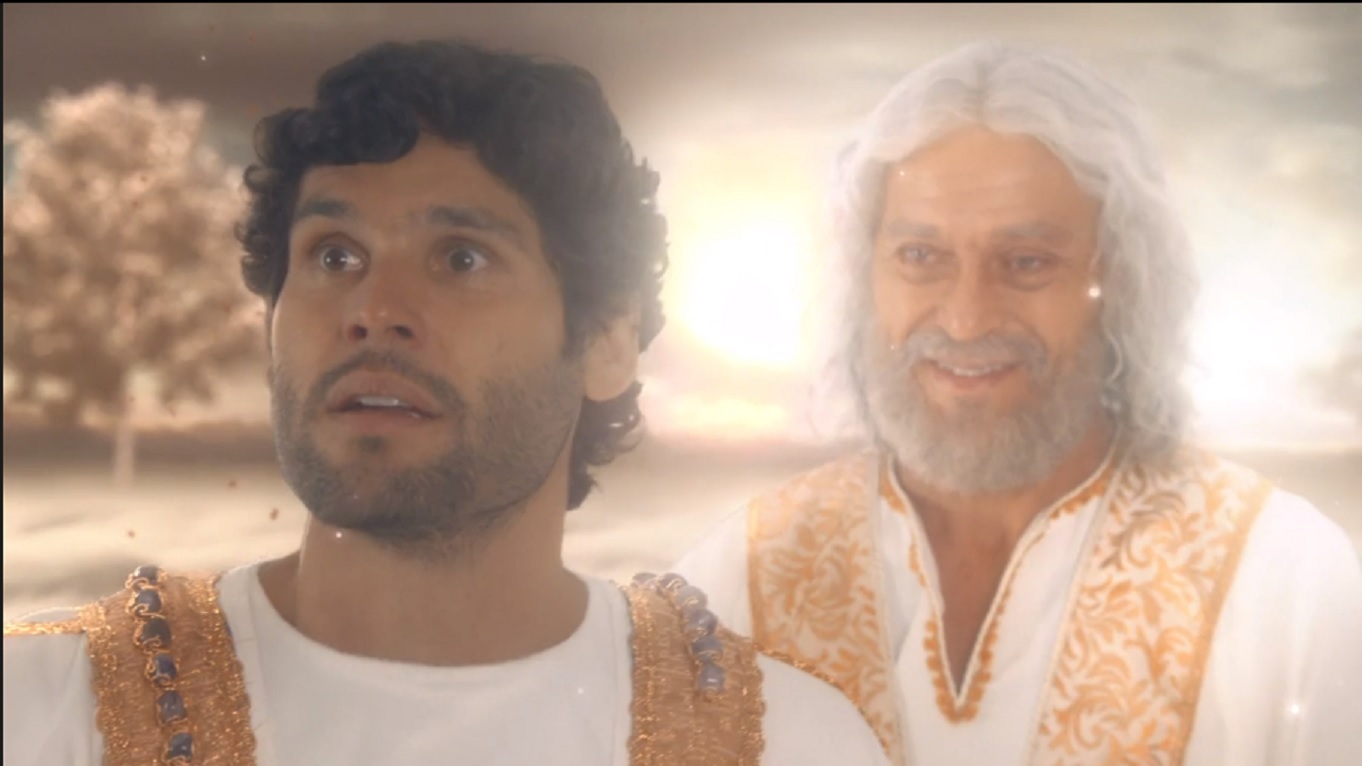 Asher (Dudu Azevedo) e Abraão (Paulo Gorgulho) no Paraíso em O Rico e Lázaro