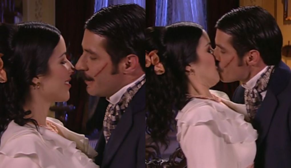 Branca (Renata Dominguez) e Leôncio (Leopoldo Pacheco) de A Escrava Isaura