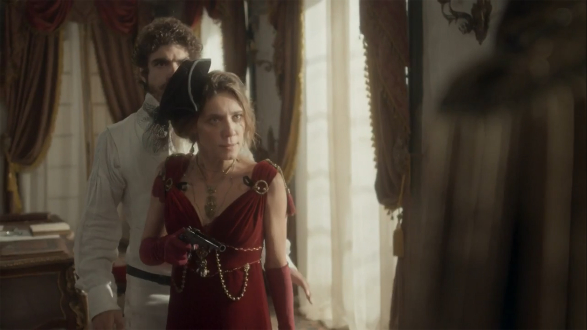 Dulcina (Joana Solnado) e Pedro (Caio Castro) em Novo Mundo