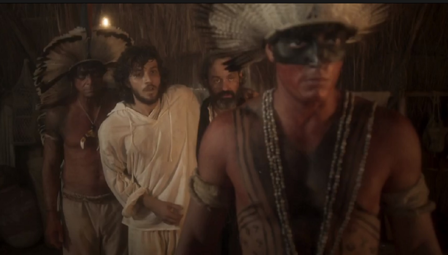 Joaquim (Chay Suede), Padre Olinto (Daniel Dantas) e Cacique Ubirajara (Allan Souza Lima) em Novo Mundo
