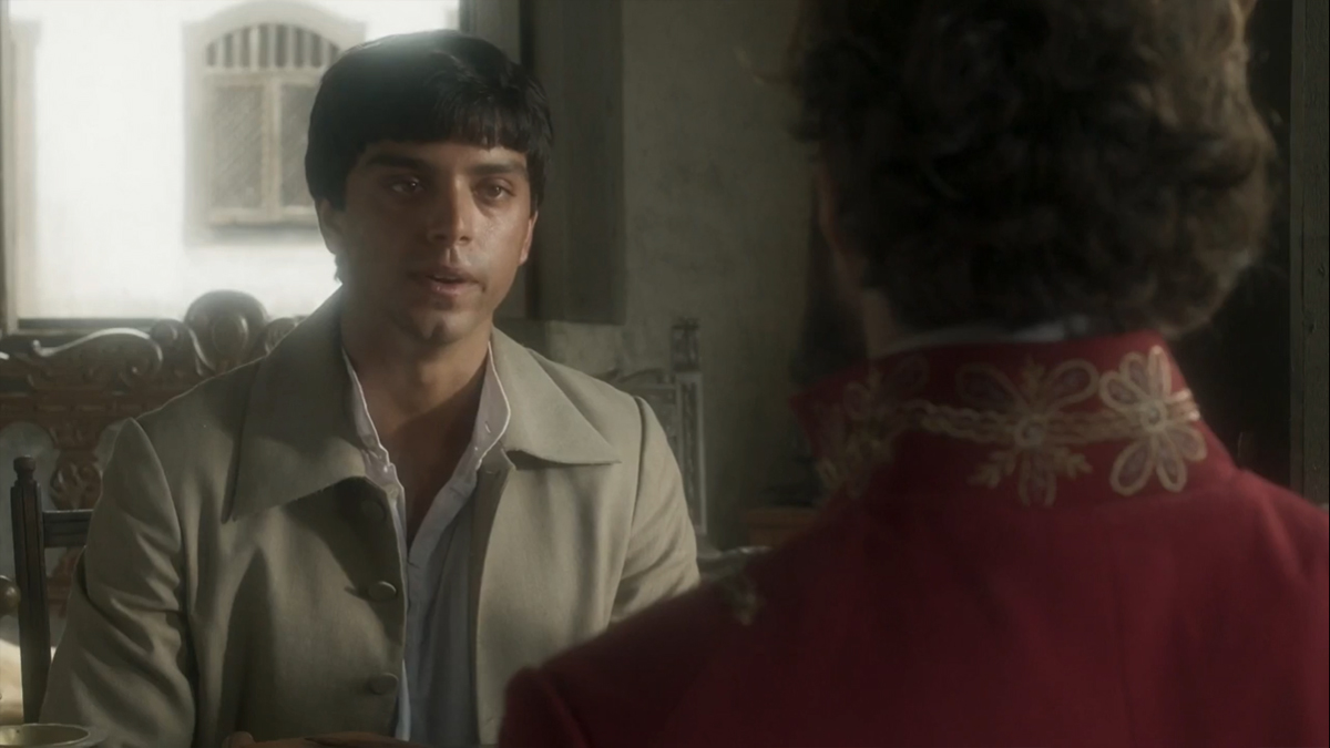 Piatã (Rodrigo Simas) e Thomas (Gabriel Braga Nunes) em Novo Mundo