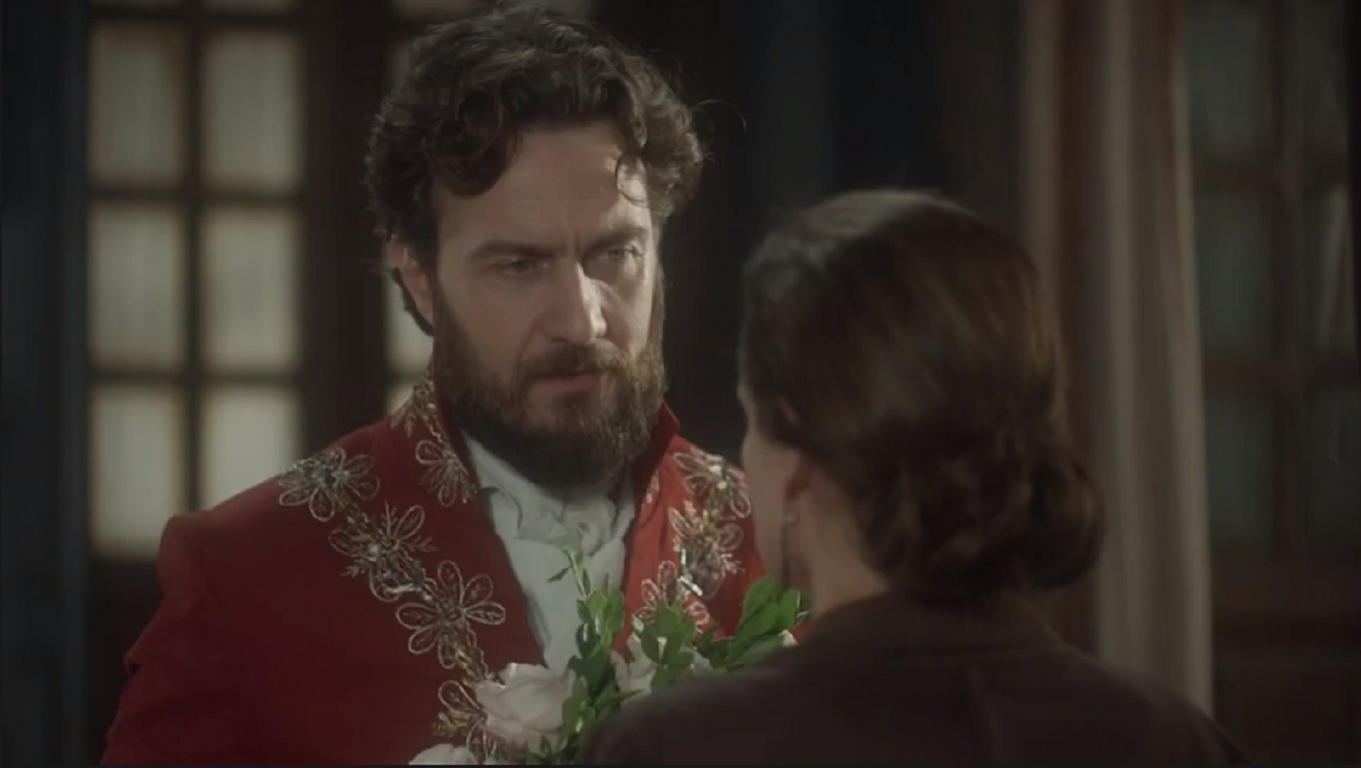 Thomas (Gabriel Braga Nunes) dando ordens a Nivea (Viétia Zangrandi) em Novo Mundo