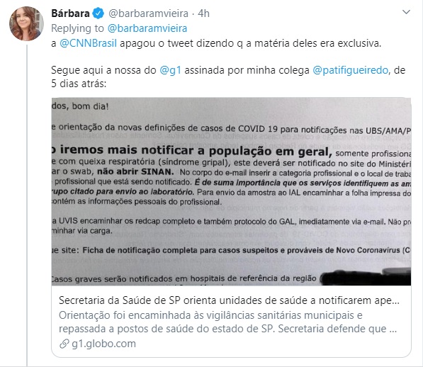 Post da repórter Bárbara Vieira