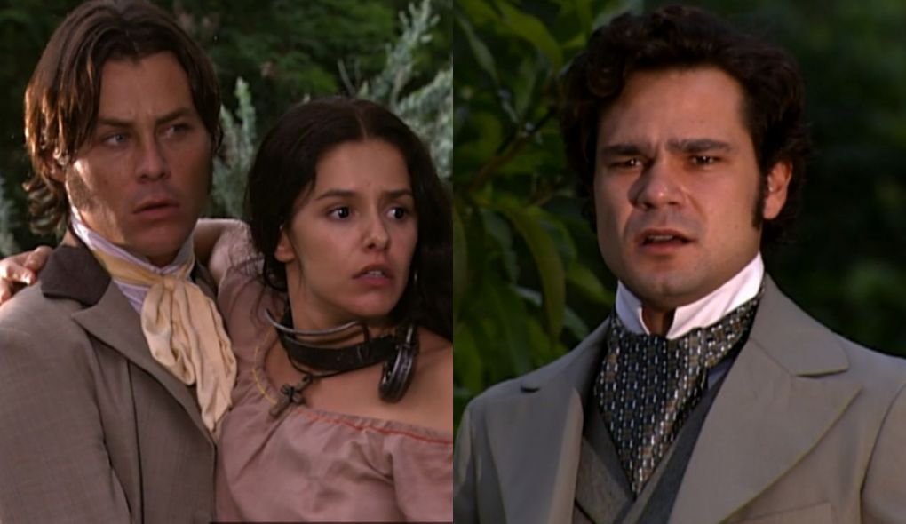 Álvaro (Theo Becker), Isaura (Bianca Rinaldi) e Henrique (Gabriel Gracindo) de A Escrava Isaura