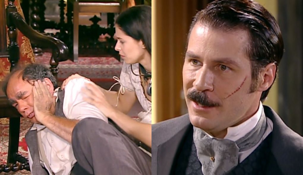 Belchior (Ewerton de Castro), Isaura (Bianca Rinaldi) e Leôncio (Leopoldo Pacheco) de A Escrava Isaura