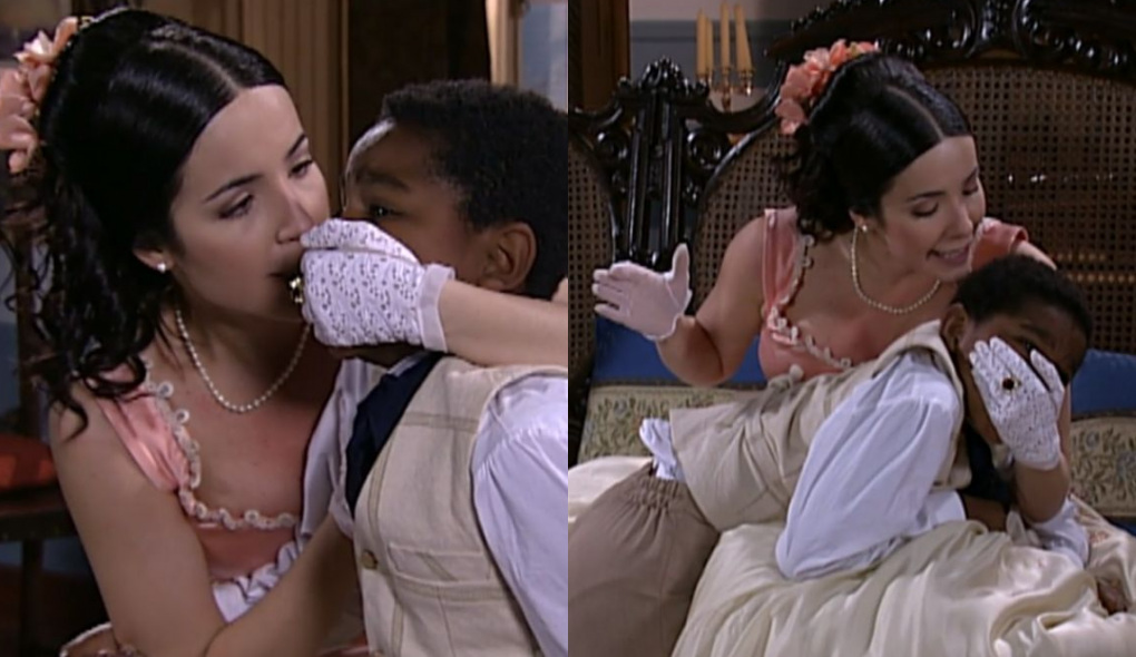 Branca (Renata Dominguez) e Pedrinho (Matheus Palota) de A Escrava Isaura