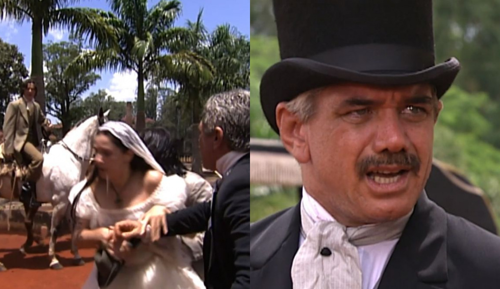 Álvaro (Theo Becker), Isaura (Bianca Rinaldi) e Miguel (Jackson Antunes) de A Escrava Isaura
