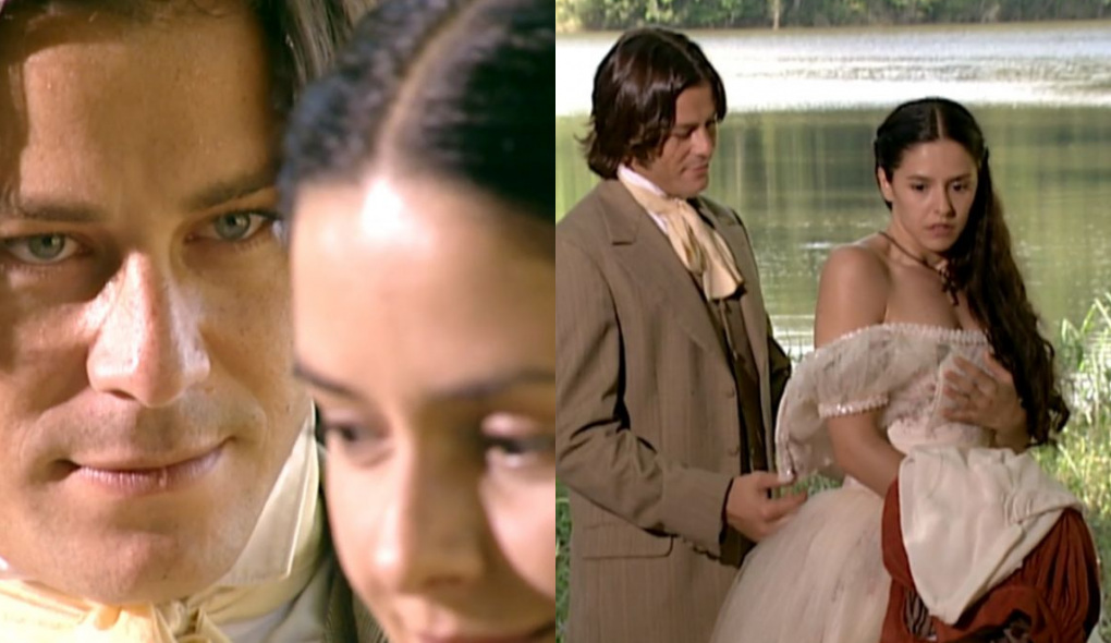 Álvaro (Theo Becker) e Isaura (Bianca Rinaldi) de A Escrava Isaura