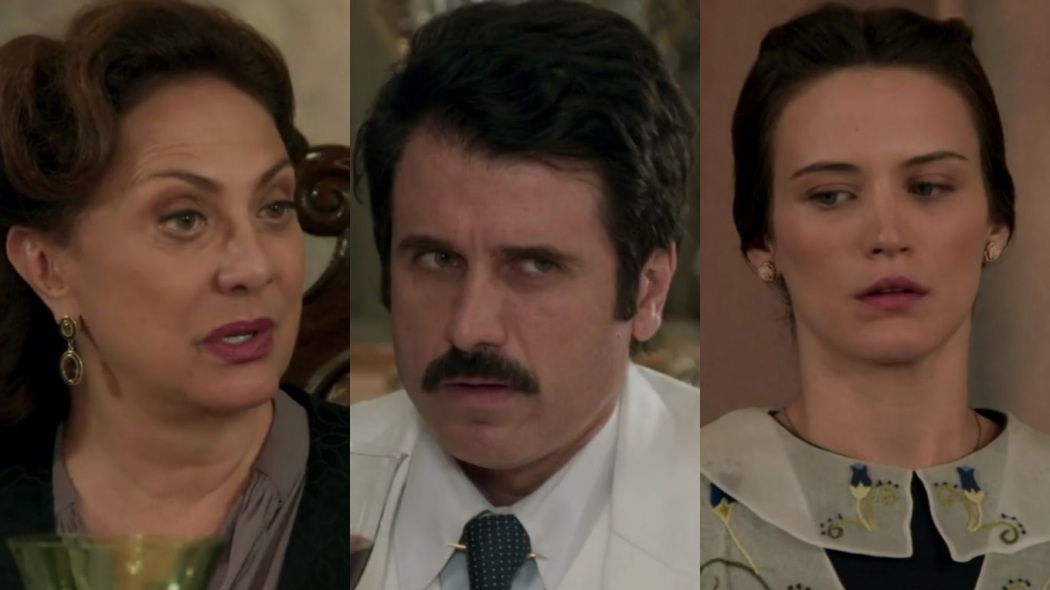 Anastácia (Eliane Giardini), Ernesto (Eriberto Leão) e Maria (Bianca Bin) de Êta Mundo Bom!