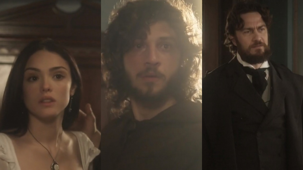 Anna (Isabelle Drummond), Joaquim (Chay Suede) e Thomas (Gabriel Braga Nunes) de Novo Mundo