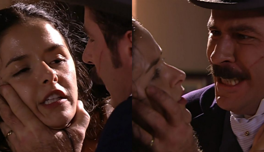 Isaura (Bianca Rinaldi) e Leôncio (Leopoldo Pacheco) de A Escrava Isaura