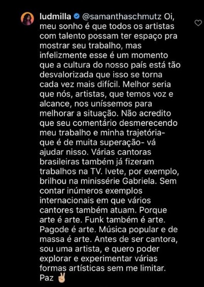 Ludmilla respondeu Samantha na web