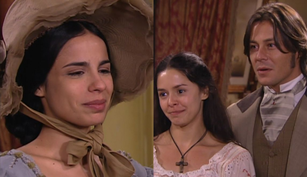 Malvina (Maria Ribeiro), Isaura (Bianca Rinaldi) e Álvaro (Theo Becker) de A Escrava Isaura