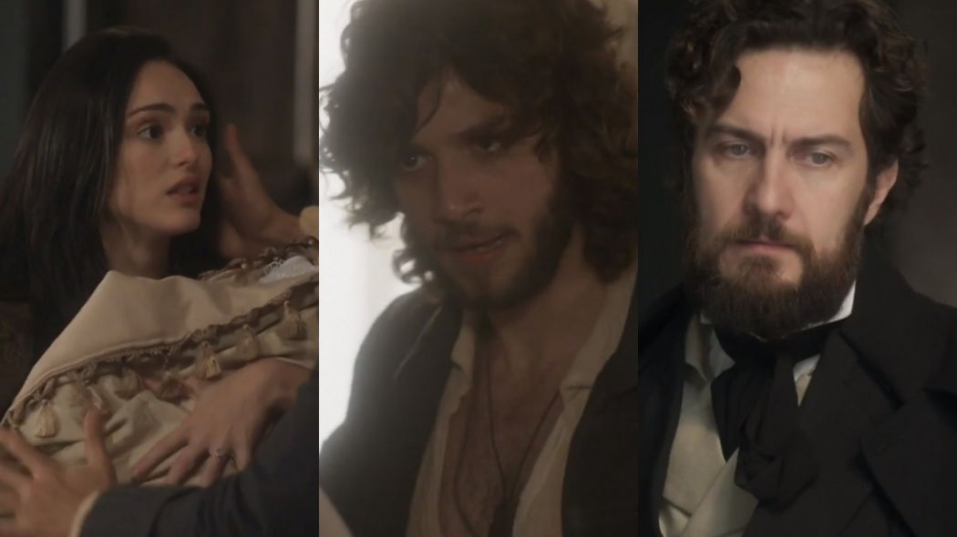Anna (Isabelle Drummond), Joaquim (Chay Suede) e Thomas (Gabriel Braga Nunes) de Novo Mundo