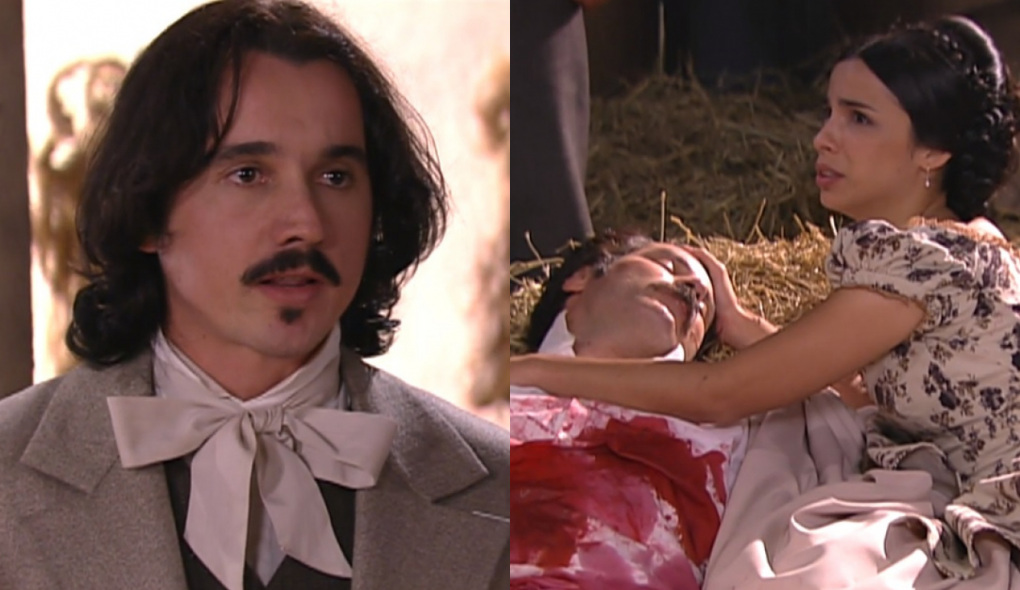 Geraldo (Caio Junqueira), Leõncio (Leopoldo Pacheco) e Malvina (Maria Ribeiro) de A Escrava Isaura