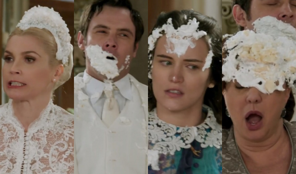 Sandra (Flávia Alessandra), Candinho (Sergio Guizé), Maria (Bianca Bin) e Anastácia (Eliane Giardini) de Êta Mundo Bom!