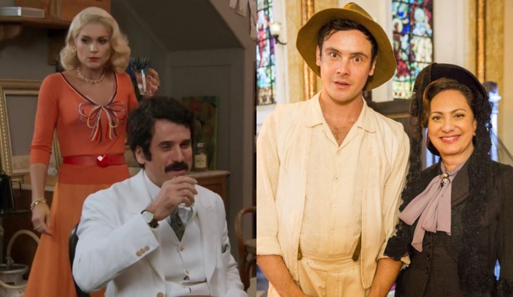 Sandra (Flávia Alessandra), Ernesto (Eriberto Leão), Candinho (Sergio Guizé) e Anastácia (Eliane Giardini) de Êta Mundo Bom!
