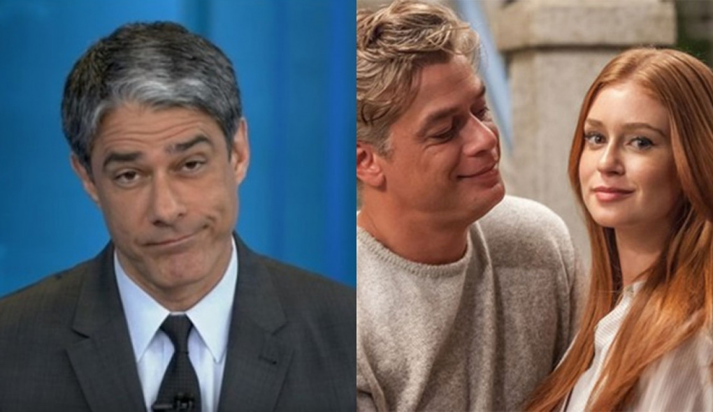 William Bonner no Jornal Nacional e Arthur (Fábio Assunção) e Eliza (Marina Ruy Barbosa) de Totalmente Demais