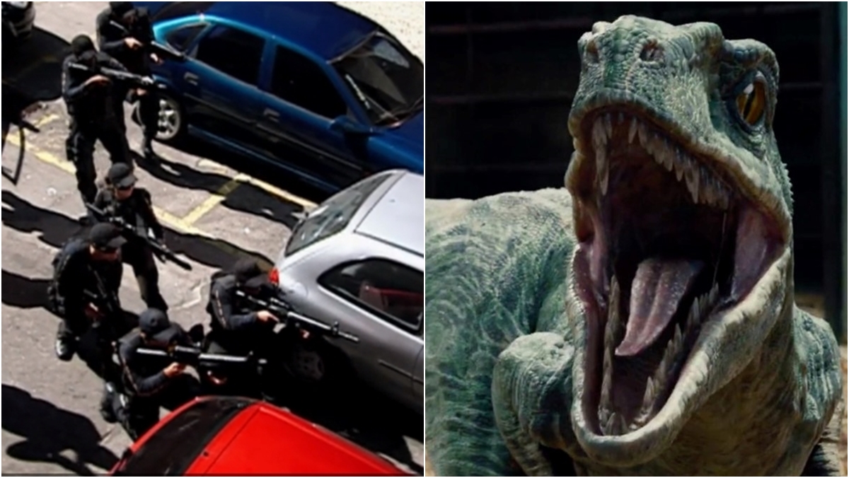 DPCOM é acionado após ataque de dinossauro no centro de São Paulo (Reprodução: Record TV)