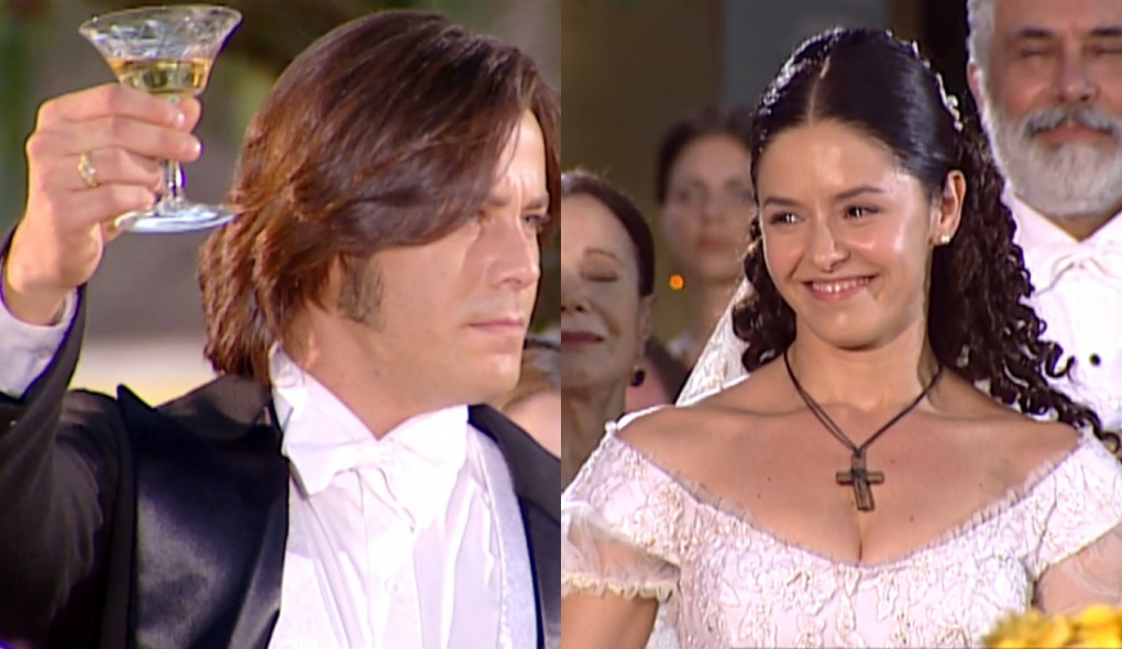 Álvaro (Theo Becker) e Isaura (Bianca Rinaldi) de A Escrava Isaura