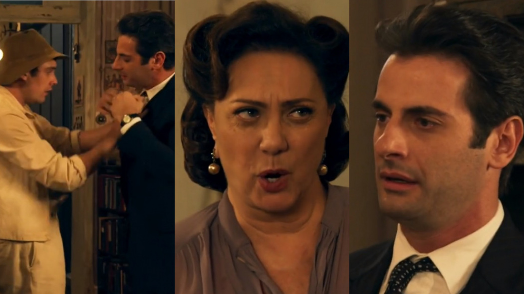 Candinho (Sergio Guizé), Anastácia (Eliane Giardini) e Araújo (Flávio Tolezani) de Êta Mundo Bom!